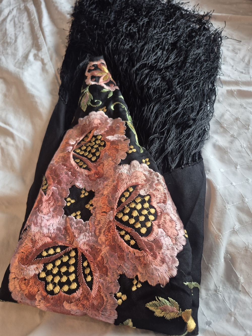 Large Black Floral Embroidered Fringe Silk Piano Shawl 4x4 - Picture 3 of 15